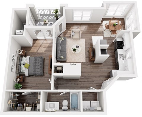 Floor plan for 1 bed, 1 bath, 808 sqft